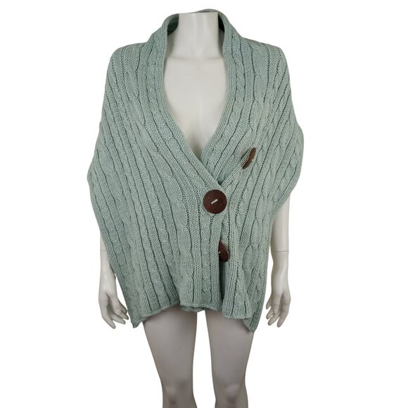 PURE Handknit Light Blue Cotton Cable Knit Shawl Scarf Wrap Big Button One Size - Picture 1 of 6